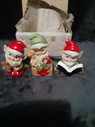 Vintage Homco Set Of 3 Christmas Elves Home Interior 5406 Figurines