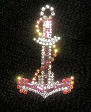 Vtg LILIEN CZECH Pink Aurora Ship Boat Anchor Glass Rhinestone Brooch Pin 3” 3