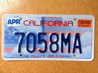 California " We Will Never Forget " License Plate 9/11