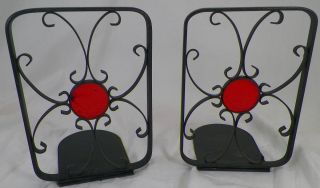 Vintage Wrought Iron Folding Bookends With Glass Insert - J1