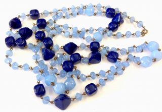 Vintage 51 Inch Long Wired Blue & Moonstone Glass Bead Necklace Gift Boxed