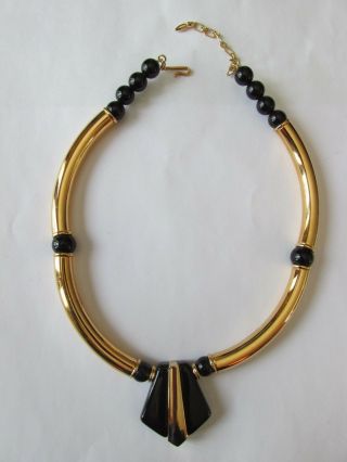 Vintage Choker Necklace Gold Tone Chunky Black Stone Art Deco Design