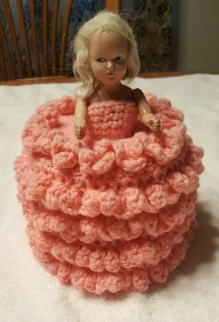 Vintage Hand Made Crochet Toilet Paper Roll Cover Dress Doll Pink Pretty