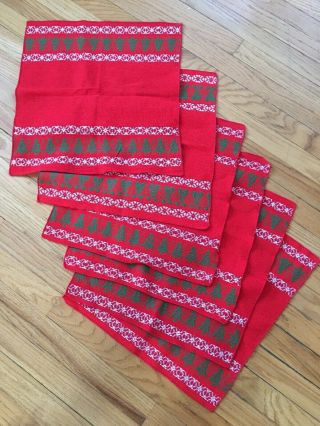 Vintage Set Of 6 Woven Christmas Holiday Table Square Red Placemats With Trees