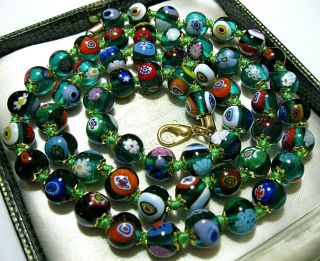 Lovely Green Millefiori Venetian Murano Glass Bead Long Vintage Style Necklace