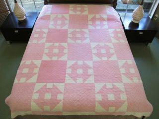 Vintage Hand Quilted Machine Pieced All Cotton Monkey Wrench Quilt; 84 " X 67 "