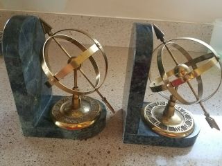 Vintage Brass Sundial Armillary Sphere Bookends Globe Arrow (pair) Green Marble