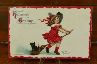 Vintage Halloween Postcard - Frances Brundage Girl Witch W/ Broom Black Cat 121