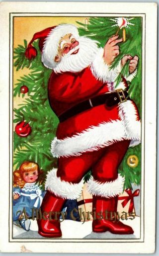 Vintage Merry Christmas Embossed Postcard Santa Claus Xmas Tree / Candle