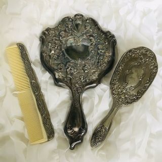 Vanity Cherubs Mirror Brush Comb Silver Plate Dresser 3 Pc Set Vtg Art Nouveau