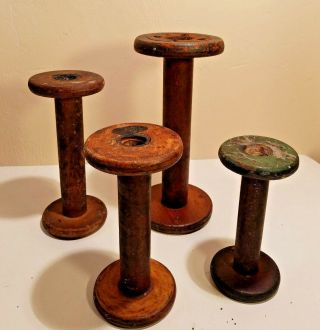 4 Vintage Old Wooden Spools Bobbin Textile Mills Some Candle Wax