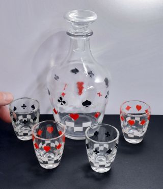 Vintage French Glass Spirit Decanter Bottle & Four Glasses - Card Suite Design
