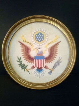 Vtg Patriotic American Flag Shield Eagle Finished Needlepoint Large,  13¼ " Round