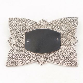 Vtg Sterling Silver - Signed Kd Engraveable Onyx & Marcasite Pave Brooch Pin 24g