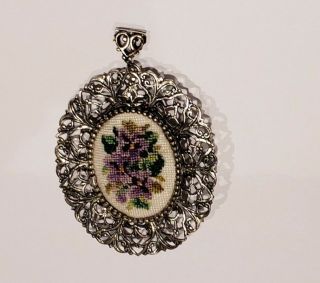Vintage Petit Point Needlepoint Embroidery Jewelry Brooch Pin Purple Necklace