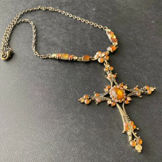 Vintage Style Amber Rhinestone Large Maltese Cross Necklace Pendant 84