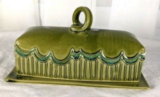 Vintage Covered Butter Dish Green Retro Turquoise Textured Ceramic Porcelain