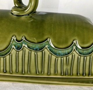 Vintage Covered Butter Dish Green Retro Turquoise Textured Ceramic Porcelain 2