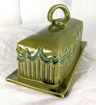 Vintage Covered Butter Dish Green Retro Turquoise Textured Ceramic Porcelain 3