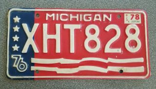 Vintage 1976 Michigan Bi - Centennial License Plate Xht828 Red White & Blue
