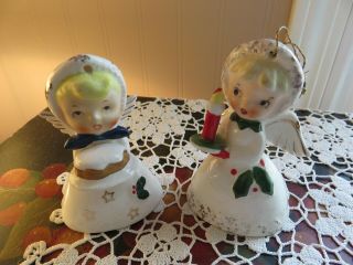 Two Vintage Napco Japan Christmas Angel Bells Holding A Candle/cake 3 " High
