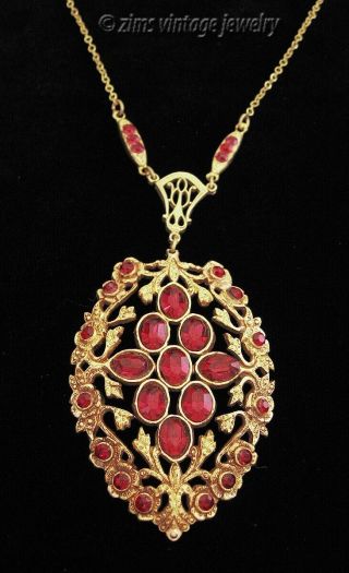 Vintage Art Deco Czech Brass Floral Filigree Red Rhinestone Lavalier Necklace