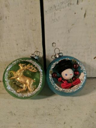 2 Vintage Diorama 3d Indent Mercury Glass Christmas Ornaments Deer Snowman Japan