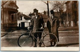 Vintage Rppc Real Photo Postcard Two Men W/ Bicycle / Bowler Hats C1910s