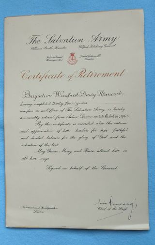 Vintage British Salvation Army Retirement Certificate - Brigadier - 34 Years