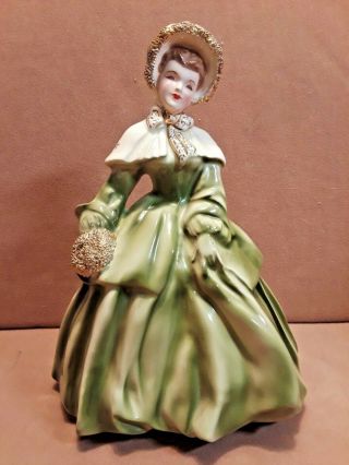 Vintage Florence Ceramics Figurine " Abigail " In Green & Gold Trim Perfect 8 1/2 "