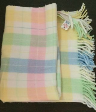 Vintage Tennessee Woolen Mills Baby Blanket Pastel Plaid Fringe Soft Acrylic Usa