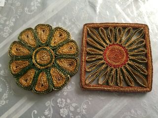 2 Vintage Trivets Wicker Straw Woven Hot Pads Wall Hanging Colored Round Square