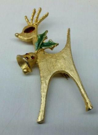 Vintage Christmas Reindeer Brooch Gold Tone Enamel Rhinestone Mylu Pin