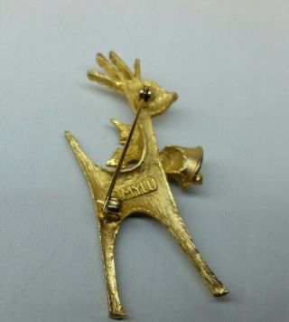 Vintage Christmas Reindeer Brooch Gold Tone Enamel Rhinestone MYLU Pin 2