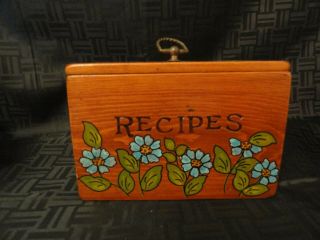 Vintage Recipe Card Box File Holder Wood Handmade & Carved Blue Flowers
