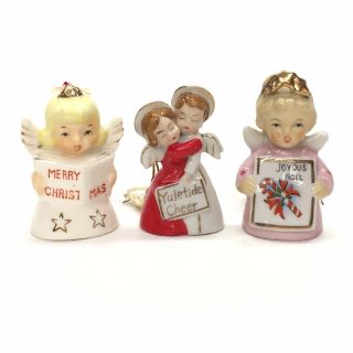 3 Vintage Small Porcelain Angel Bell Christmas Ornaments For Trees & Packages