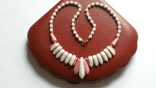 Czech Vintage Art Deco White And Pink Geometric Glass Bead Necklace Signed