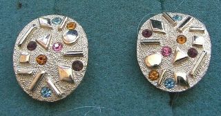 " Sultana " Colored Rhinestone Clip Earrings - Sarah Coventry Jewelry Sara Cov Vtg
