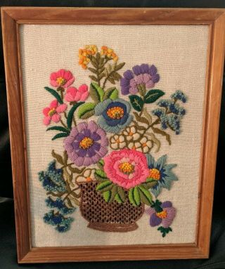 Vintage Framed Crewel Needle Work Flowers In Basket/pot