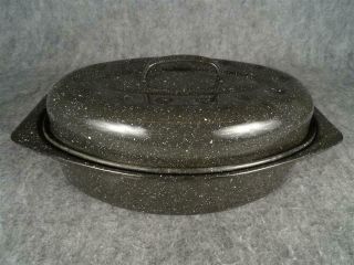 Vintage Enamelware Black & White Speckaled Roasting Pan With Lid