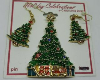 Christopher Radko Christmas Tree Brooch Pin And Earrings 3 Piece Set Vintage