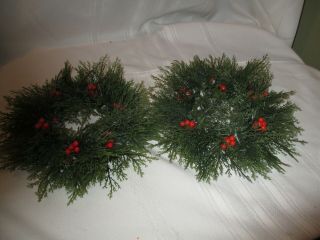 Vintage Plastic Christmas Wreath Candle Ring With Holly & Berries Set Of 2
