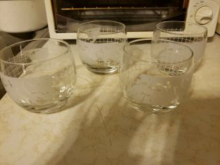 4 World Globe Atlas Etched Frosted Glass Tumblers Vintage
