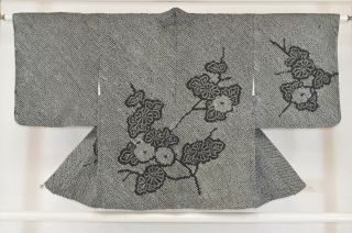 Vintage Silk Kimono Jacket:fully Shibori Black Chrysanthemum@kb22