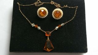 Czech Vintage Art Deco Crystal Drop Necklace And Earrings Set