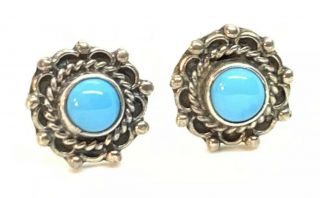 Vintage Turquoise Stone Sterling Silver Native American Repousse Stud Earrings