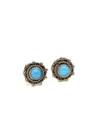 VINTAGE TURQUOISE STONE STERLING SILVER NATIVE AMERICAN REPOUSSE STUD EARRINGS 3