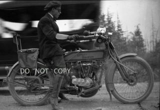 N40 1910 ' S NEGATIVE.  MAN ON VERY OLD HARLEY DAVIDSON MOTORCYCLE,  GOOD DETAIL 2