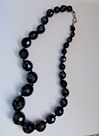 Vintage French Black Jet Faceted Hand Knotted Graduated Necklace