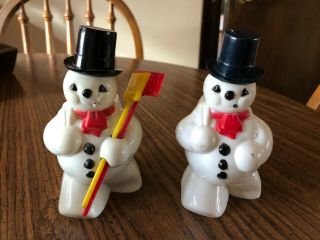 Two Vtg Hard Plastic/celluloid Snowman One With Shovel & Broom Candy Holder